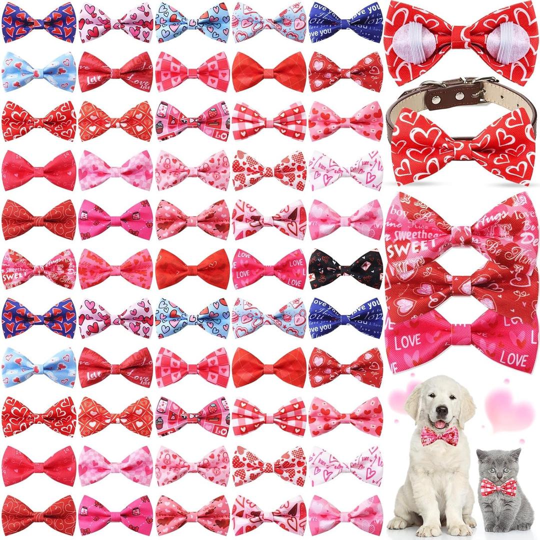 Sanwuta 60 Pcs Valentines Day Dog Collar Bow Ties Bulk Pink Heart Pet Bow Tie Pet Accessories Detachable Collar Charms for Small Medium Large Dogs Cat Grooming Supplies Costume