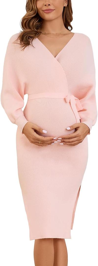 Ecavus Women's Maternity Sweater Dress Wrap V-Neck Maternity Dress for Photoshoot Baby Shower Pregnancy Outfits (Medium, Light Pink)