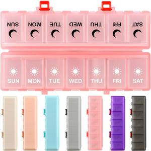 Foldable Pill Organizer Weekly 2 Times a Day, 7 Day Portable AM PM Travel Pill Case with Black&White Labels, Dual-Protection Daily Medicine Box, Large Pill Container for Vitamin/Supplement-Clear Pink