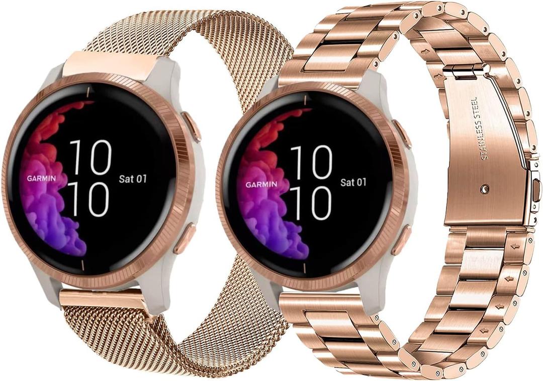 GARTOO 20mm Metal Bands for Garmin VivoActive 6/5/3,Forerunner 165/55/245/645 Watch Band, Garmin Venu/Venu Sq/Sq 2/Venu 2 Plus Watch Band, 2Pack Stainless Steel Wristband Strap for Men Women -Rose Gold