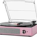 Record Player with Speakers Belt-Driven Vintage Turntables 3 Speed 3 Size Wireless Bluetooth Playback AUX-in RCA Out Headphone LP Vinyl Players Auto Stop Purple Pink