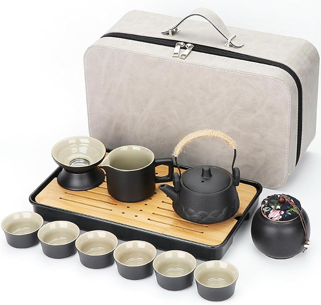 JMCRATE Japanese Tea Set, Portable Ceramic TeaSet, Asian Tea Sets for adult, Tea Gift sets, Travel Tea Set with Teapot,Teacups,Tea Canister,Tea Tray and Travel Bag, Home,Outdoor and Office