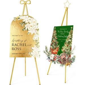 Interchangeable Bow & Star Top Gold Easel Stand for Sign, 62"47" Height Adjustable Heavy Duty Wedding Easel Stand with 3 Display Modes Perfect for Welcome Signs, Christmas Decor, Parties & Events