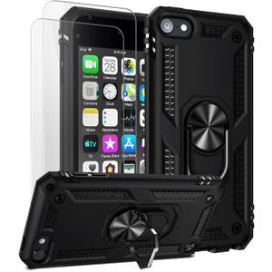 ULAK Compatible with iPod Touch 7/6/5 Case with 2 HD Screen Protectors, Hybrid Rugged Shockproof Cover with Built-in Kickstand for iPod Touch 7th/6th/5th Generation (Black)