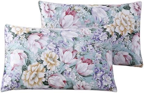 WINLIFE 100% Cotton Pillowcases Queen Size Garden Floral Printed Pillow Cases Set of 2 Soft and Breathable Cooling Pillow Case (Queen 20x30'', Purple Flower)