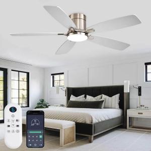 FUMLTP 52 inch Ceiling Fans with Lights, Flush Mount Ceiling Fan with Light and Remote/APP Control, DC Motor, Dimmable LED, Noiseless, Low Profile Ceiling Fan for Bedroom Indoor/Outdoor Use (Nickel)