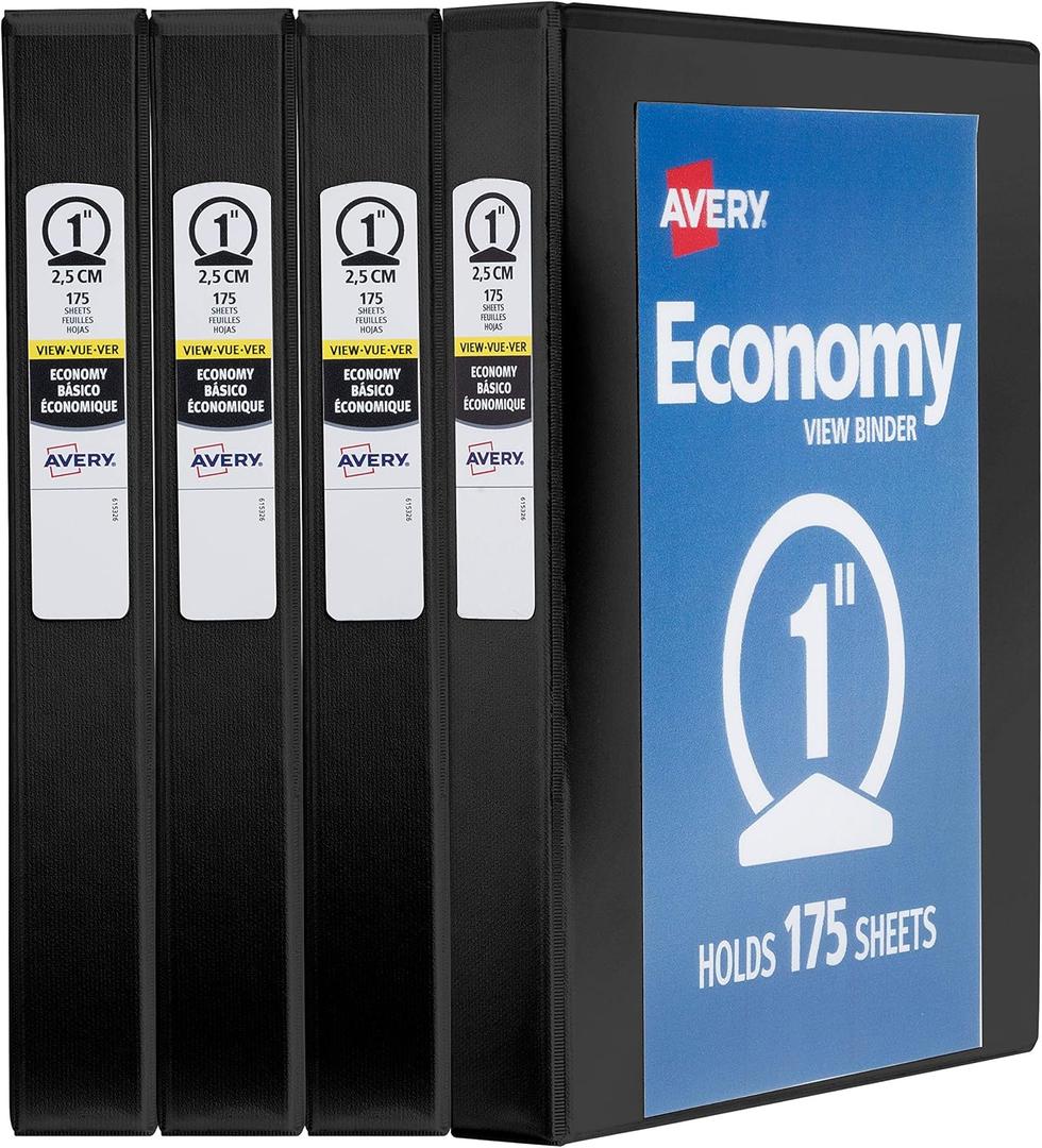 Avery Standard View 3 Ring Binders, 1" Round Rings, 175-Sheet Capacity, 1.4 Inch Wide Spine, Black Binders, Ideal for Lightweight Organization and Occasional Referencing (4-Pack of 19203)