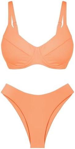 ZAFUL Women's Ribbed Underwire Bikini Set High Cut Colorblock V Notch Swimwear Printed High Leg Swimsuit Size M, Orange