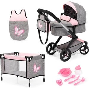 Bayer Design Dolls: Xeo Mega 10 Piece Set - Grey, Pink, Fairy - Pram, Bed, Handbag, Feeding & Care Accessories for Dolls Up to 18", Kids Toy, Ages 3+