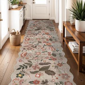 Carpet Runners for Hallway 12ft: 3X12 Washable Non Slip Scalloped Floral Rug for Kitchen Entryway - Stain Resistant Low-Pile Throw Rug for Boho Vintage Home Decor (3X12 Beige-Brown)