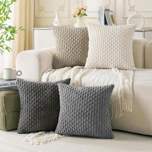 Set of 4 Grey White Taupe Decorative Throw Pillow Covers 18x18 Inch Corduroy Pillow Covers for Bed Couch Sofa Living Room Soft Square Cushion Cases (18" x 18" (Pack of 4))