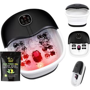 Collapsible Foot Spa Bath Massager with Heat Bubbles and Vibration Massage and Jets, 16oz Tea Tree Oil Foot Soak with Epsom Salt, Foot Bath Basin with Red Light & Remote - Black