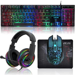 Gaming LED Keyboard Mouse Headset and Mousepad Bundle, CHONCHOW Wired Rainbow LED Light Up Gaming Keyboard Mouse Headset, Value 4 in 1 Game Set for Xbox PS4 PS5 PC Laptop Gamer