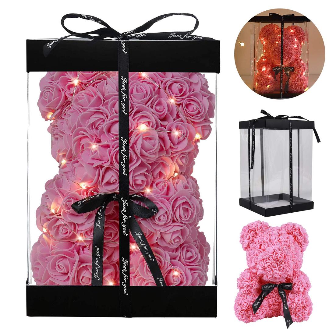 RECUTMS Rose Gifts for Her,10 inch Roses Flower Teddy Bear with Lights,Lighted Up Bears Gift for Christmas,Mothers Day,Galentines Day,Anniversary,Birthday Home Bedroom Pink Decor(A-Pink