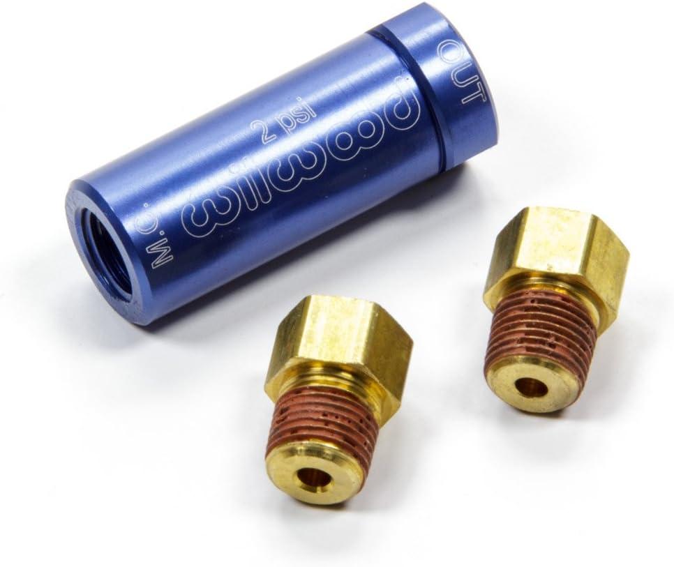 Wilwood Residual Pressure Valve, 2 lb, 1/8 in NPT Inlet, 1/8 in NPT Outlet, 3/8-24 in Inverted Flare Fittings Included, Aluminum, Blue Anodized, Disc Brake, Each
