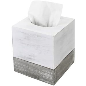 MyGift Tissue Box Cover Square Vintage White and Distressed Gray Wood Bathroom Tissue Box Dispenser Holder with Slide-Out Bottom Panel, Farmhouse Tissue Box Holder 5.5 x 5.5 x 6.3 Inches