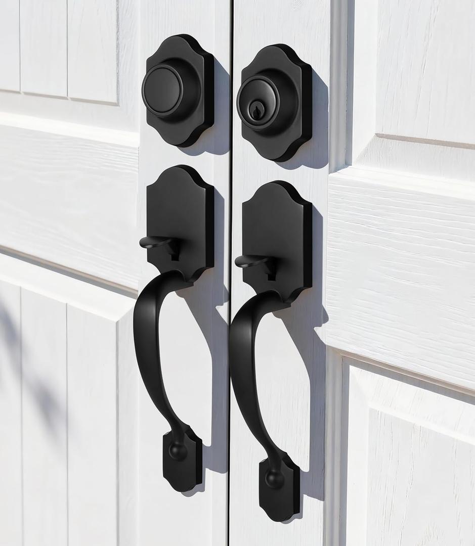 Moquin Double Door Handle Set for Front Door, Classic Double Front Door Lock Set with Dummy, Reversible Handle Lever for Entrance Exterior Doors, Matte Black
