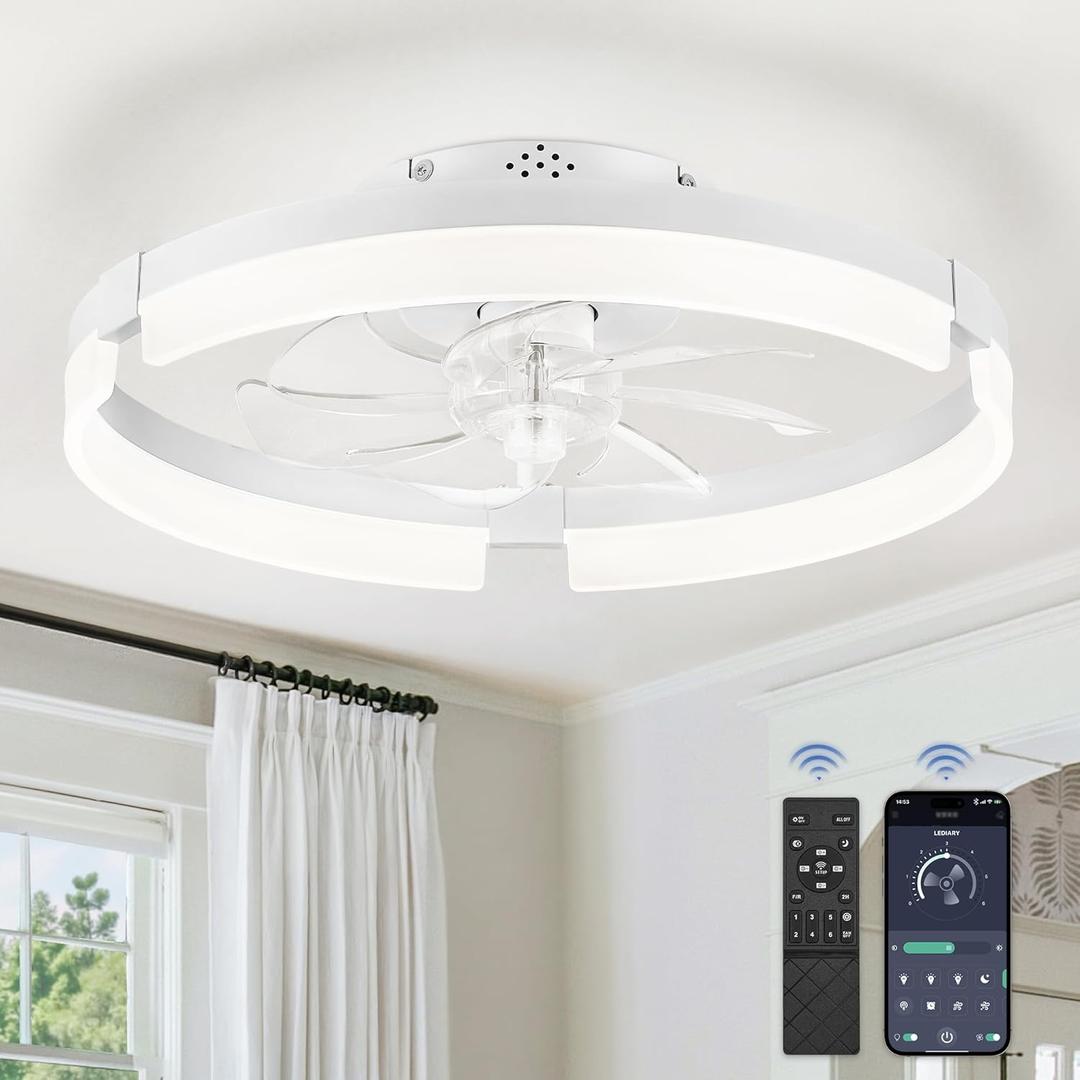 LEDIARY Ceiling Fans with Lights and Remote, 19.7 Inch Low Profile Ceiling Fan, 6 Speeds, Reversible, Dimmable Flush Mount Fan Light,Modern & Bladeless Ceiling Fan with Light for Bedroom, White