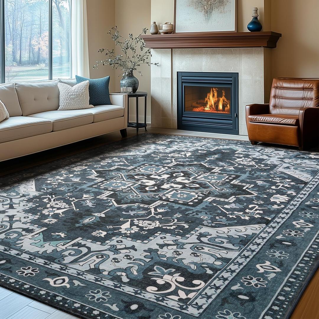 Rugflix 6x9 Area Rugs Machine Washable, Dark Navy Blue Carpet for Living Room, Oriental Indoor Area Rug Low Pile, Large Soft Thick Carpets Non Slip, Farmhouse Vintage Rug for Bedroom Dining Room
