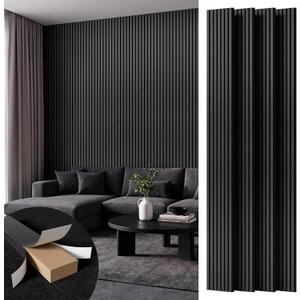 Amsleekey 4-Pack 108″x11″ Acoustic Wood Slat Wall Panels, 8 Hooks, Black, 108 x 11 in - 4 pcs