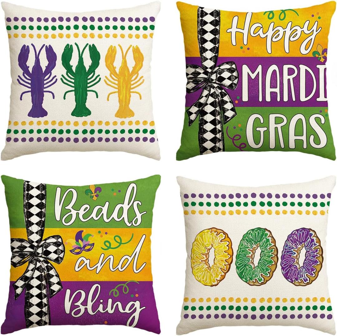 AVOIN colorlife Happy Mardi Gras Beads and Bling Crawfish Smoothie Throw Pillow Covers, 18 x 18 Inch Checked Bow Stripes Holiday Cushion Case Decoration for Sofa Couch Set of 4 (18" x 18" (Pack of 4))