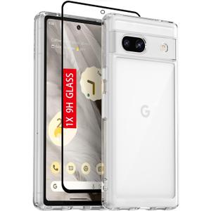 for Google Pixel 7a Case: with [Tempered Glass Screen Protector][Built-in 4 Airbags][Not-Yellowing] Military-Grade Shockproof Protective Phone case for Google Pixel 7a, Crystal Clear