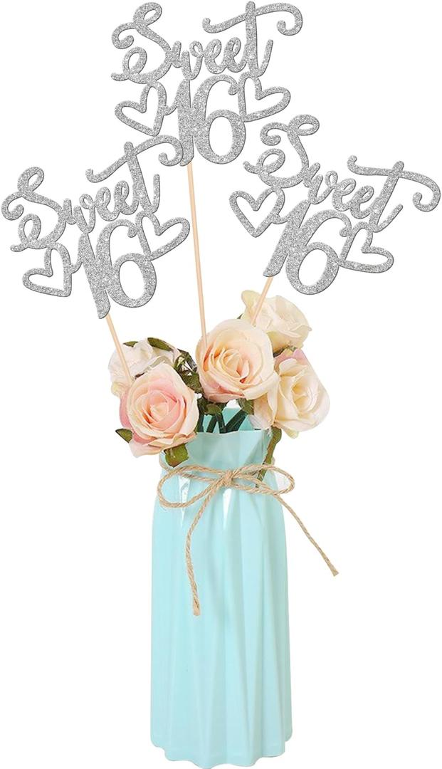 10 PCS Sweet 16 Centerpiece Sticks Double Sided Glitter Happy 16th Birthday Cake Toppers Number 16 Centerpieces for Tables Flower Topper Decorations 16th Birthday Party Centerpiece Supplies Silver