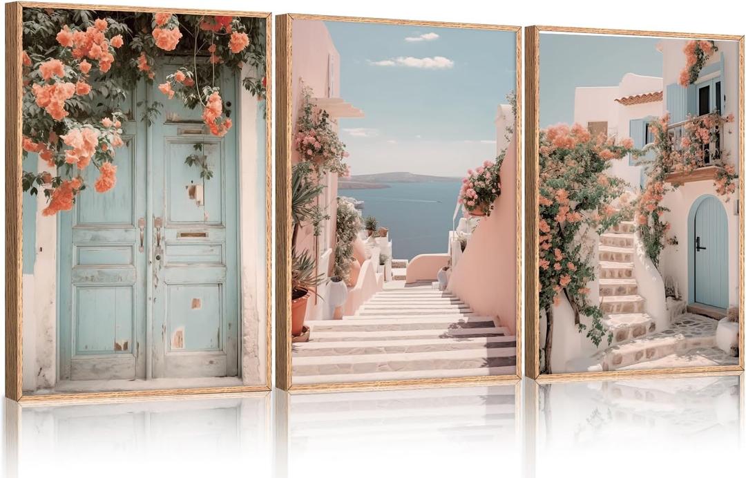 KAIRNE Italian & Mediterranean Coastal Framed Canvas Wall Art, Pink Blue & White Seascape Painting for Beach House Decor, Luxury Italian Seaside Landscape for Living Room, Bedroom, Office - 24x36 Inch (Aegean)
