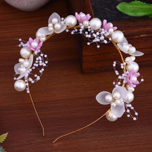 Flower Bride Wedding Headband for Women and Girls, Pearl Bridal Headpiece Hair Accessories for Party Daily (Purple)