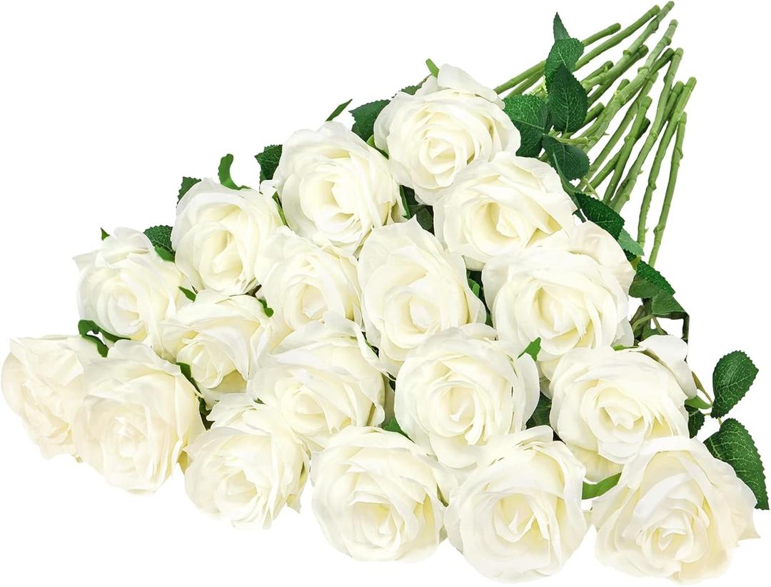 Ouddy Decor 20 Pcs Fake White Roses Artificial Silk Flowers with Long Stems for Valentines Decor Wedding Home Party Table Centerpieces Bridal Bouquet DIY Floral Arrangment