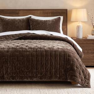 WDCOZY Cloud Soft Queen Size Quilt Set, Chocolate Brown Chenille Velvet, Full/Queen
