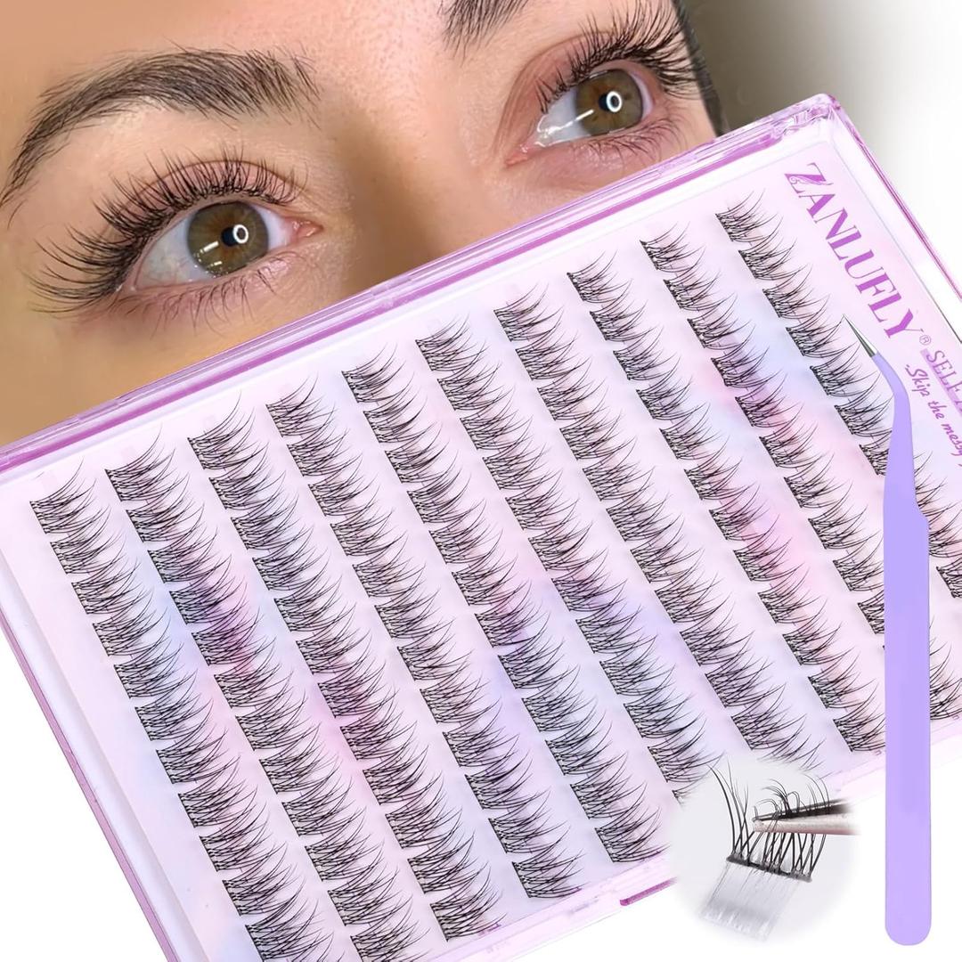 Self Adhesive Lash Clusters Natural No Glue Individual Lashes 10-12MM Wispy Self Adhesive Eyelash Clusters with Clear Strips DIY Eyelash Extensions by zanlufly, D-Short Kit