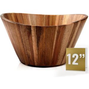 Extra Large Wooden Salad Bowl - Acacia 12 Multi-Purpose Wood Bowls - Decorative Bowls for Home Decor, Storage, Serving, Yarn - Durable Wavy Handmade Design - Wooden Fruit Bowl for Kitchen Counter