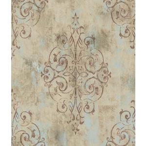 HAOKHOME Vintage French Damask Peel and Stick Wallpaper Deep Yellow/Mist Blue/Brown Vinyl Self Adhesive Wall Paper Design for Walls Bathroom Bedroom Home Decor 17.7in x 9.8ft