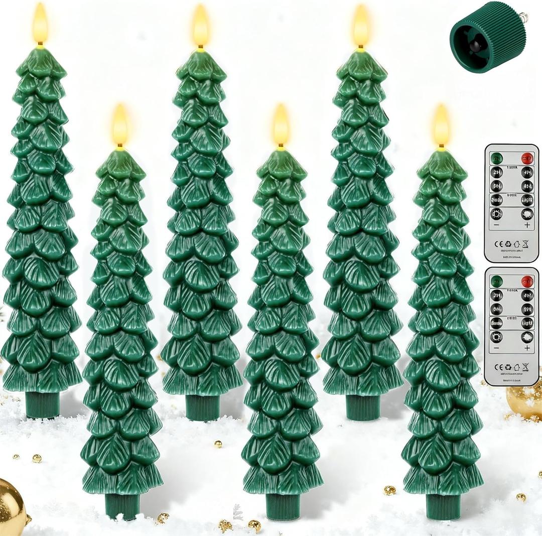 6 Pcs Flameless Christmas Tree Candles with Remote, Taper Christmas Candles Real Wax, Green 9.8'' LED Candlesticks with 3D Wick Flickering Flame for Christmas Dinner Home Decorations