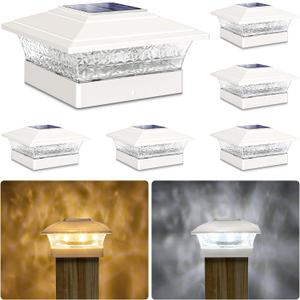 Solar Post Cap Lights Outdoor 6pack, Waterproof Fence Post Lights with 16 Ultra Bright LEDs Fit 4x4/5x5/6x6 Wood/Vinyl Posts, White Deck Post Lights with Warm/Cool White for Garden, Patio, Porch, Yard