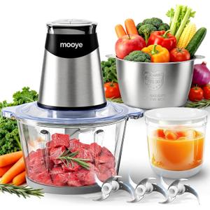 Food Processors Electric Food Chopper with Meat Grinder & Vegetable Chopper - 3 Bowls(8Cup+8Cup+3Cup) with Powerful Copper Motor - Includes 3 Sets of Bi-Level Blades for Fruits/Meat/Nuts