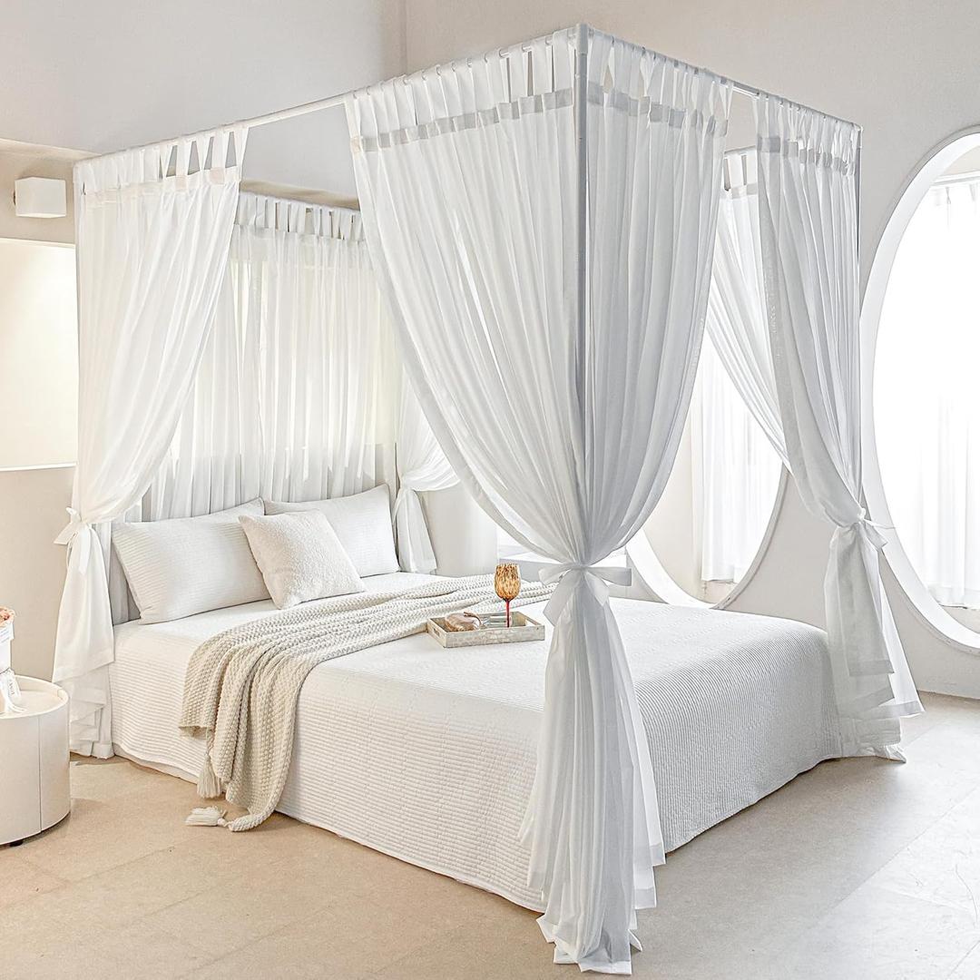 AIKASY Canopy Bed Board with Top and Self-Adhesive Strips, White Gauze Princess Bed Canopy Curtain Tent, Creating a Romantic Atmosphere in the Room, Full/Queen, White