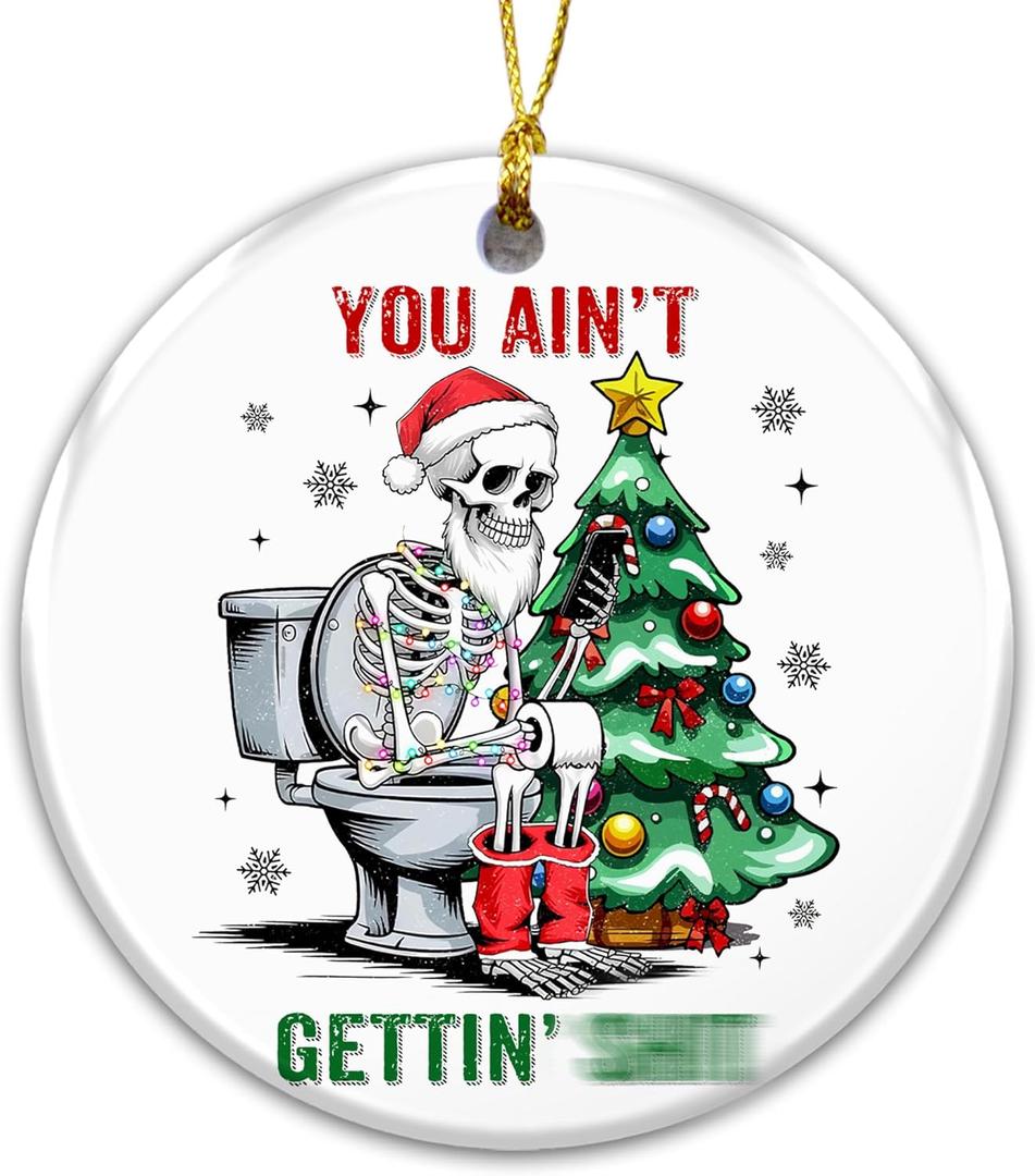 Funny Skeleton Ornament 2025, Funny Adult Christmas Ornament Skeleton Santa on Toilet, White Elephant Gift for Friends, Men & Women, Adult Humor for Friends & Family