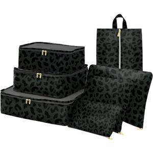7 Set Packing Cubes Travel Luggage Organizers for Suitcase Travel Accessories with Shoe Bag for Women Girls Aesthetic Cute-Black Leopard Cheetah Pattern