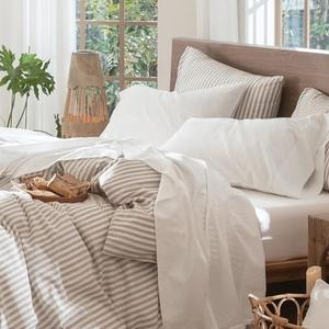 MooMee Bedding Sheet Set 100% Washed Cotton Linen Like Textured Breathable Durable Soft Comfy (Solid Off White, California King)