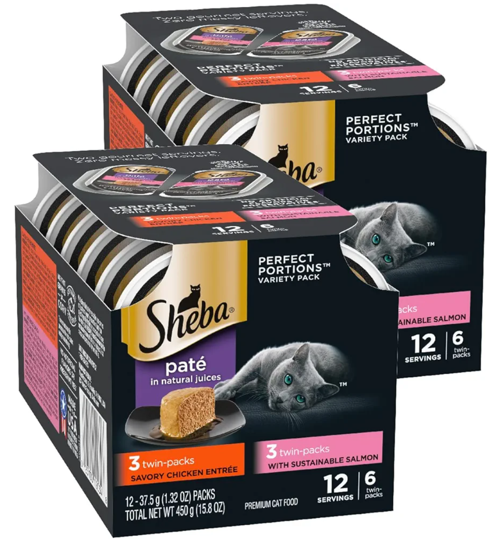Sheba Perfect Portions Wet Cat Food Pate Savory Chicken Entree and with Sustainable Salmon Variety Pack, 2.6 oz. Twin-Pack Trays (6 Count, 12 Servings) (Pack of 2). BBD 06/2027