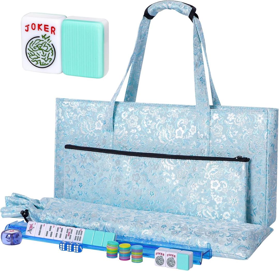 TIASUSAN American Mahjong Game Set, 166 Light Green Tiles, Blue Bag with Entire Accessories, 4 All-in-One Rack/Pushers, Mahjong Tiles Set