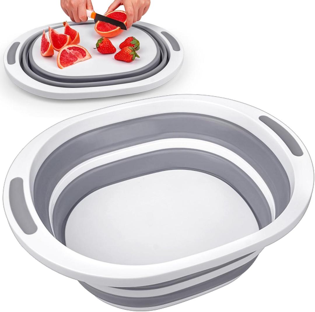 Collapsible Wash Basin, 7.5L Dish Tub Sink Basin Folding Dish Pans for Kitchen Sink, 2-in-1 Dishpan + Cutting Board, Portable Sink Dish Basin for Camping BBQ Prep Tub Washing Bin Bucket for Cleaning (1 Pack, Gray)
