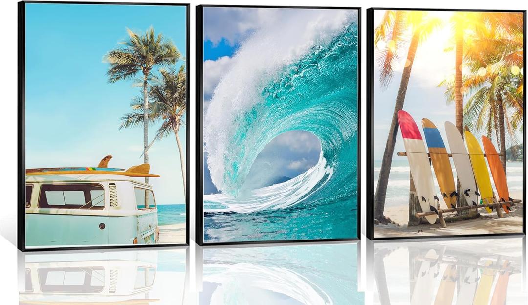 FJKLRP 3Pcs Tropical Surf Beach Wall Art Retro Camper Van Ocean Wave Surfboard Painting Prints Posters Coastal Wall Decor for Living Room Bedroom Beach House Decoration Unframed