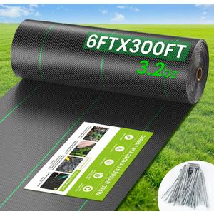 6FT x 300FT Weed Barrier Fabric, 3.2oz Landscape Fabric, Premium Weed Barrier Fabric Heavy Duty with 20 U-Shaped Securing Pegs for Greenhouse Floors, Flower Bed, French Drain, Construction Project