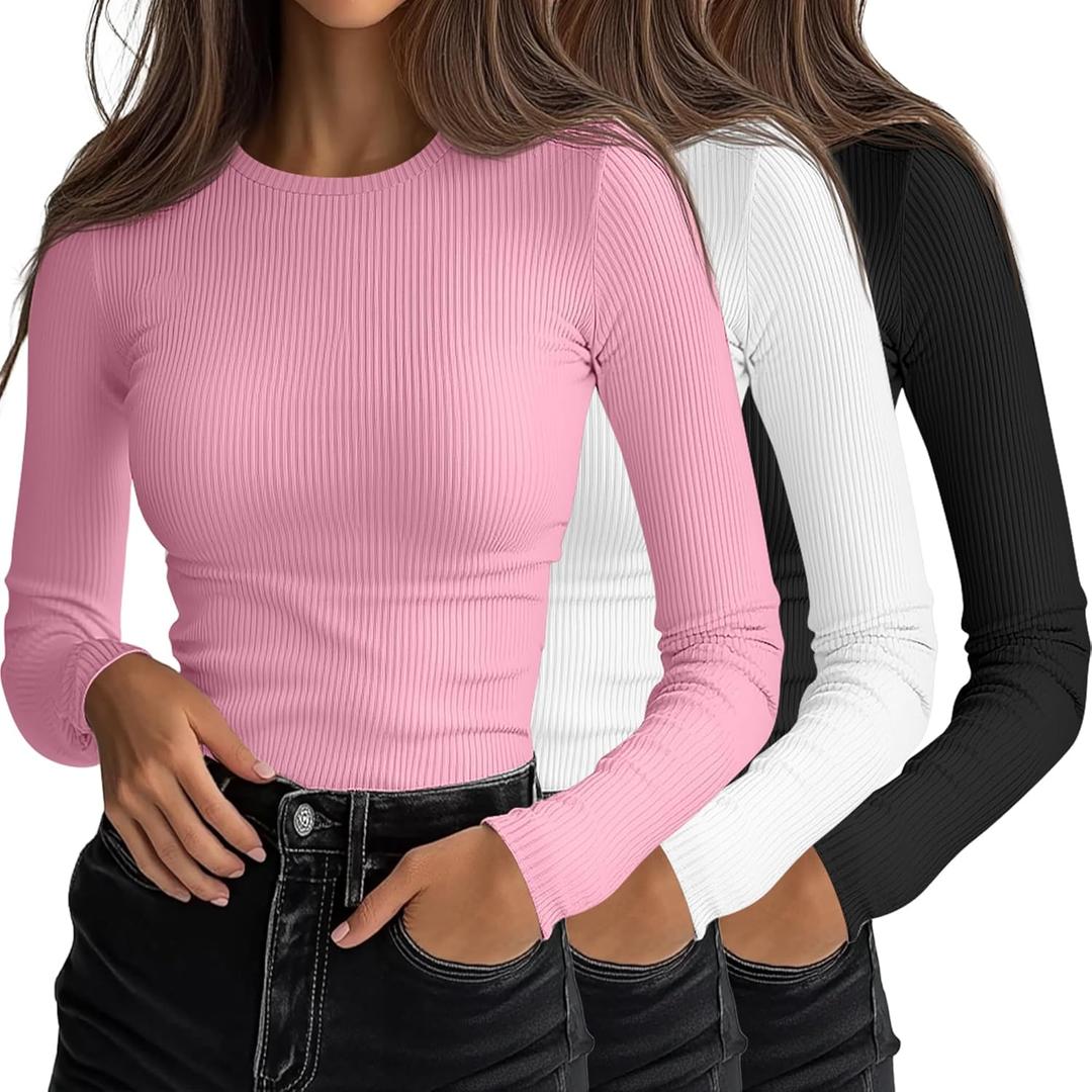 Ficerd 3 Pack Women's Ribbed Long Sleeve Tops, Crew Neck Slim Fit Undershirts Knit Basic Casual Stretch Layering Tee Shirts (Black, White, Pink)