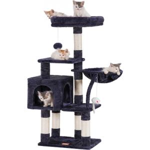 Heybly Cat Tree with Toy, Cat Tower condo for Indoor Cats, Cat House with Padded Plush Perch, Cozy Hammock and Sisal Scratching Posts, Smoky Gray HCT004SG (43.3 inch)