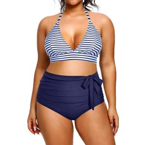 Daci Women Plus Size Two Piece Bikini Halter Swimsuits High Waisted Swimwear Tummy Control Bathing Suits Blue Stripe 16W Plus
