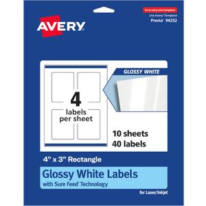 Avery Glossy White Rectangle Labels, Sure Feed Technology, 4" x 3", 40 Glossy White Labels, Print-to-The-Edge, Permanent Adhesive, Laser/Inkjet Printable